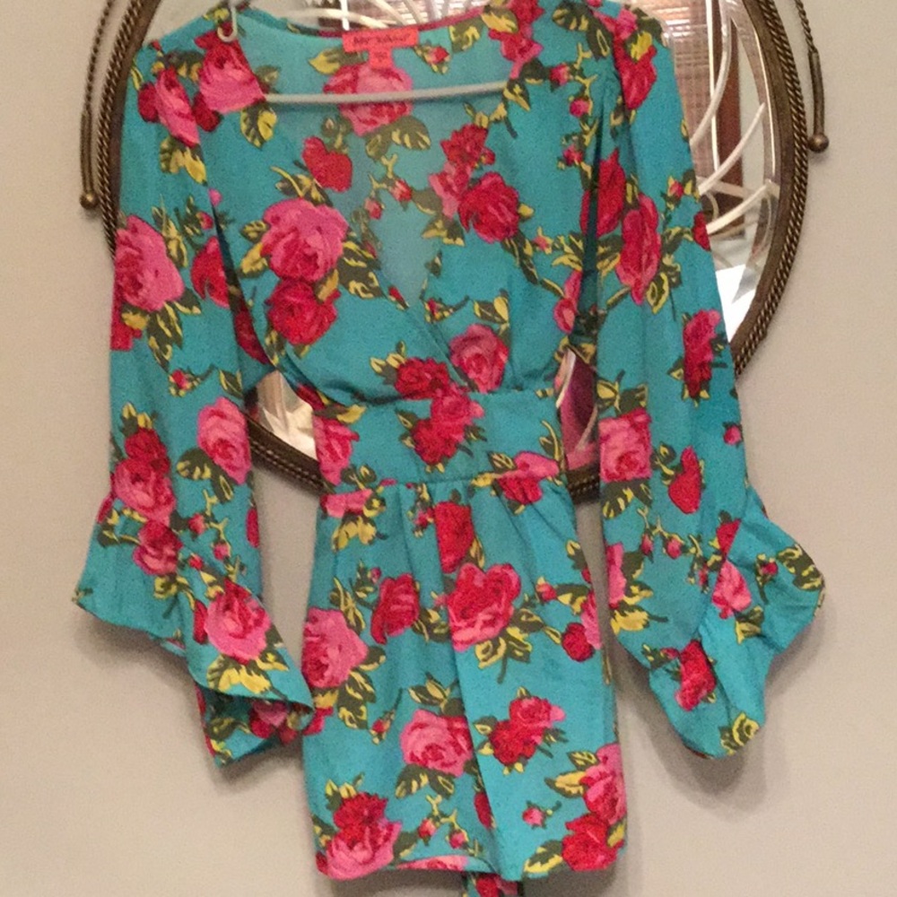 Betsy Johnson turquoise and rose blouse.